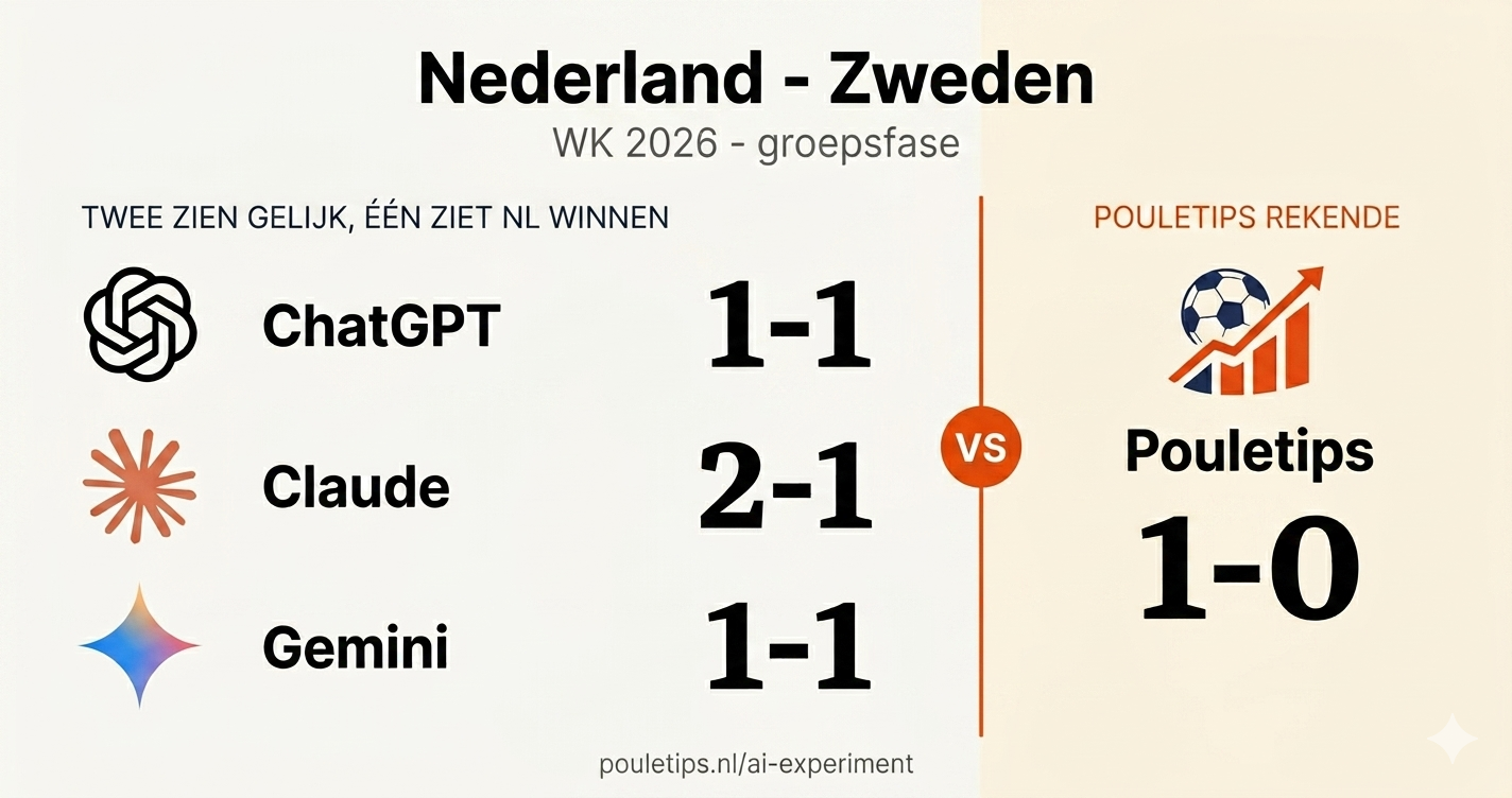 Vergelijking voorspellingen Nederland-Zweden: ChatGPT 1-1, Claude 2-1, Gemini 1-1, Pouletips 1-0