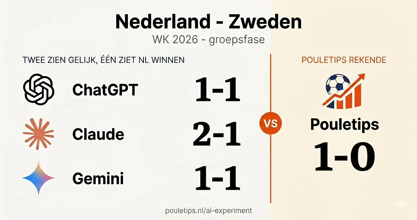 Vergelijking voorspellingen Nederland-Zweden: ChatGPT 1-1, Claude 2-1, Gemini 1-1, Pouletips 1-0