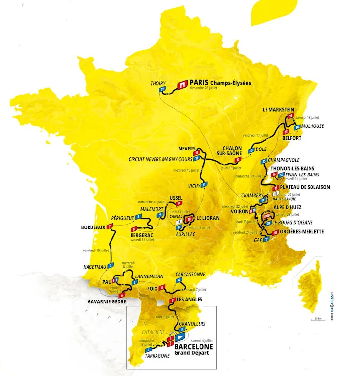 Tour de France 2026 overzichtskaart: route van Barcelona naar Parijs